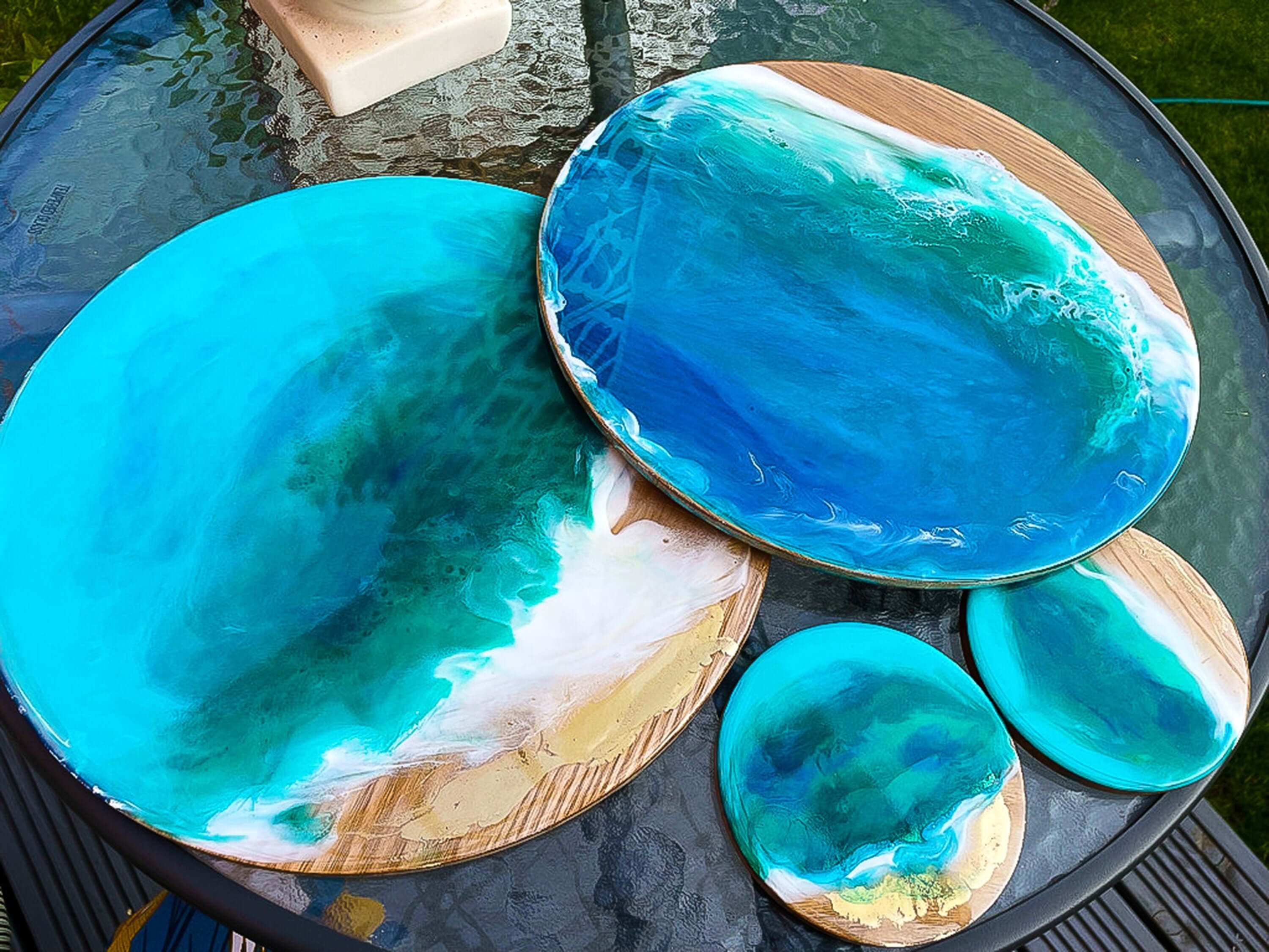 Ocean waves bamboo beach coasters epoxy resin handmade art