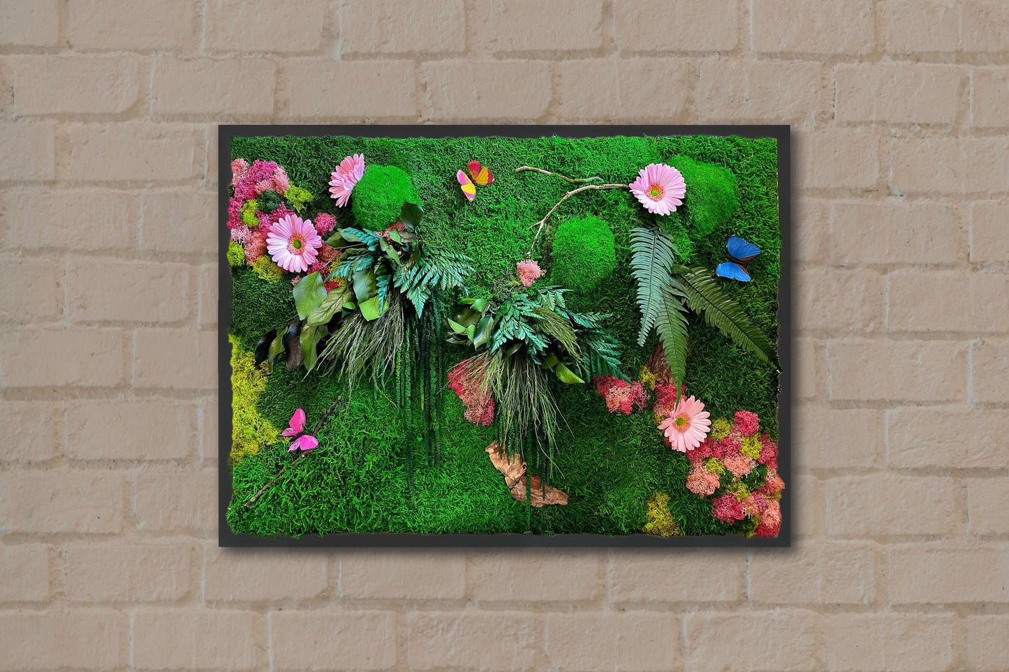 Preserved Moss wall art with colourful lichen | Moss Wall with preserved flowers mossartbyrishstudio