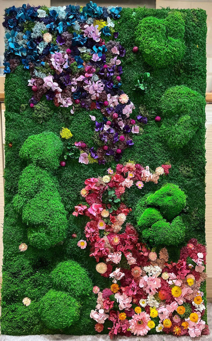 Preserved and dried flowers | Rainbow Moss wall art with flowers | RishStudio mossartbyrishstudio