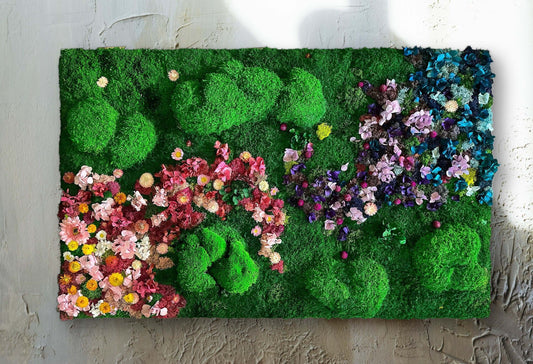 Preserved and dried flowers | Rainbow Moss wall art with flowers | RishStudio mossartbyrishstudio