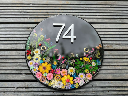 House signs Door Number, Personalised Number Plate, House Number Plaque, Address Plaque, Address Sign, dried flower art, Pressed Flowers Art