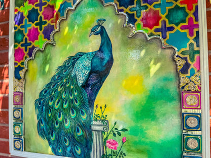 Peacock Painting Outdoor Wall art Vibrant Animal Art Peacock Feathers Home Decor Peacock Wall Hanging Persian art wall Moroccan Wood Panel