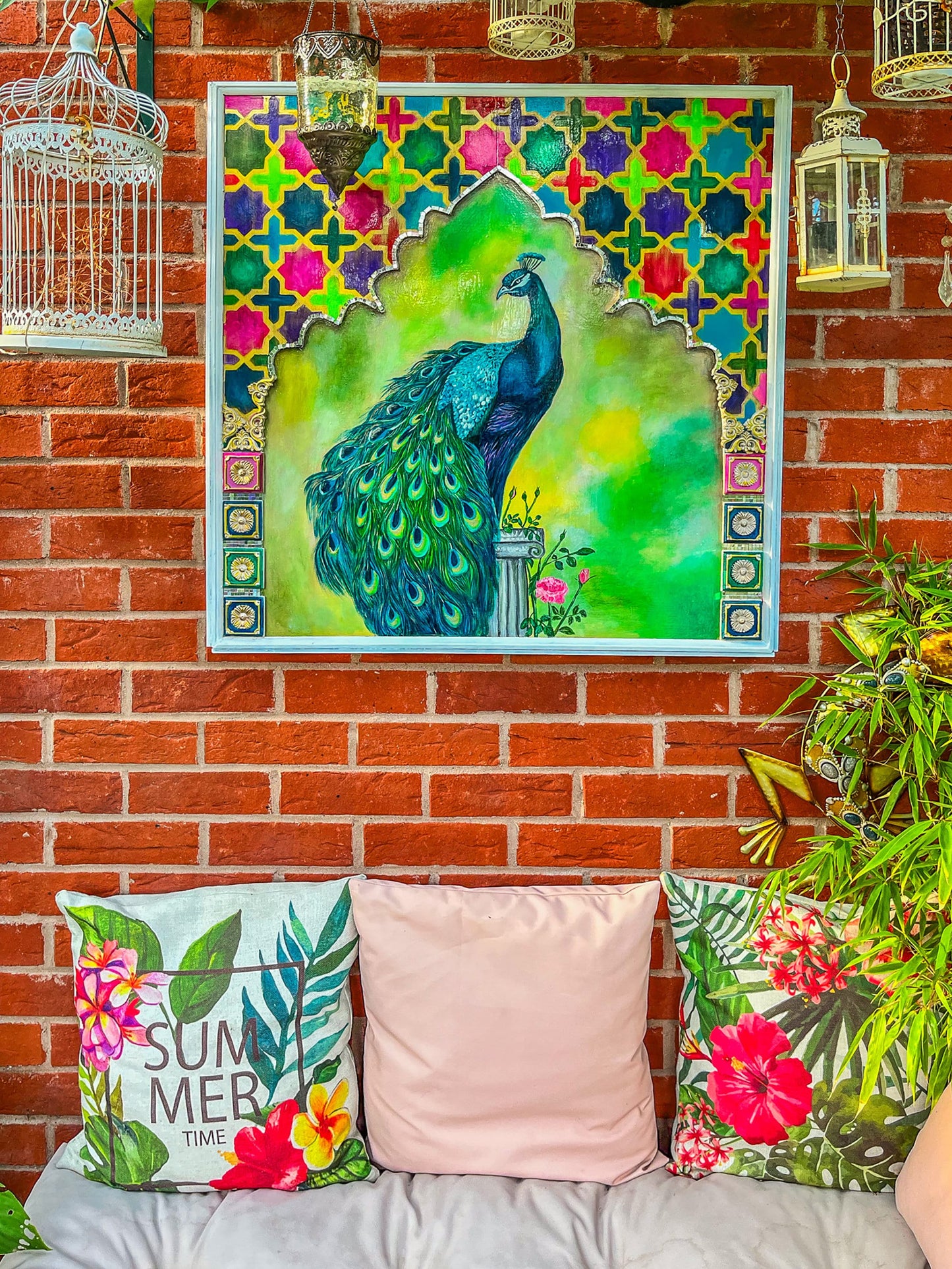 Peacock Painting Outdoor Wall art Vibrant Animal Art Peacock Feathers Home Decor Peacock Wall Hanging Persian art wall Moroccan Wood Panel